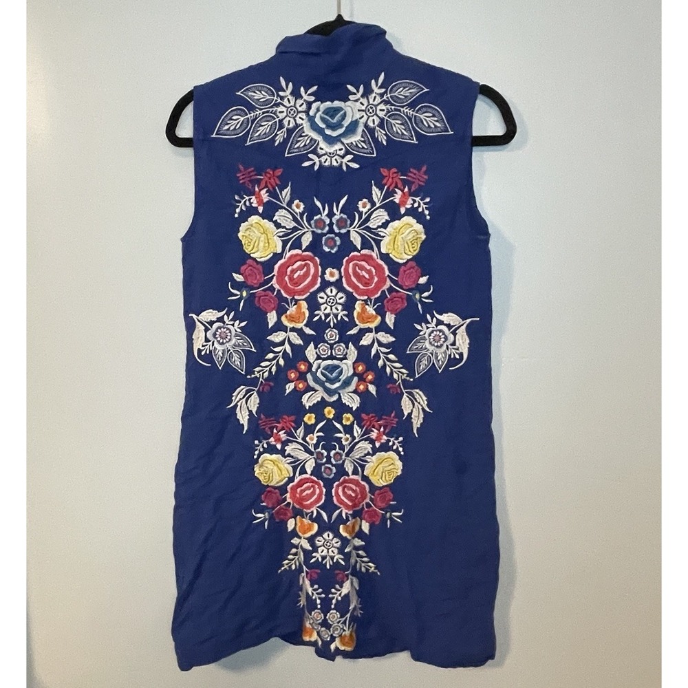 Johnny Was 3J Cotton Blue Dress Top Size M Blue Sleeveless Western Embroidered